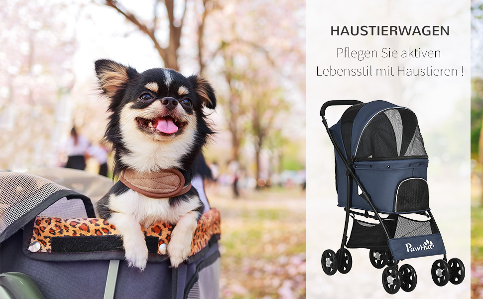 PawHut Візок для собак та котів, складаний, з подушкою, 4 колеса, сітчасте вікно, простір для зберігання, 600D Oxford, темно-синій