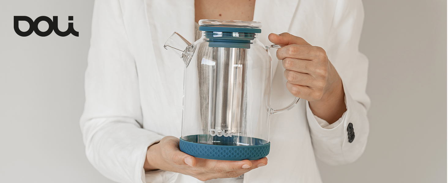 Скляний чайник Doli 1,5 л з сіткою з нержавіючої сталі, чорний — для гарячих та холодних напоїв, підходить для посудомийки, BPA-free