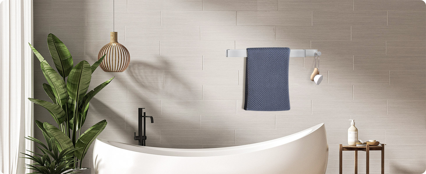 Тримач для рушників LIVEHITOP без свердління, нержавіюча сталь, самоклеючий, сріблястий, 43.5 см, з гачками для ванної кімнати (1 шт.)