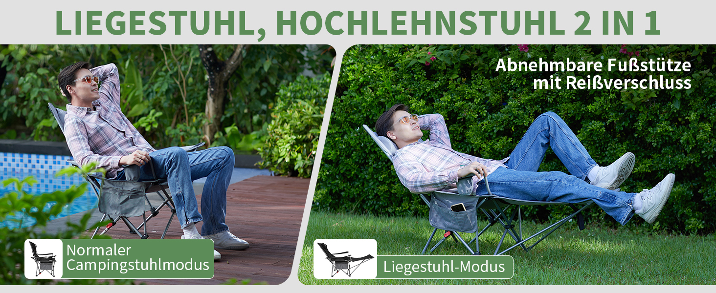 Кемпінговий стілець-шезлонг WEJOY 2-в-1, складний, з регульованою спинкою та підставкою для ніг, чорний (2 шт.)