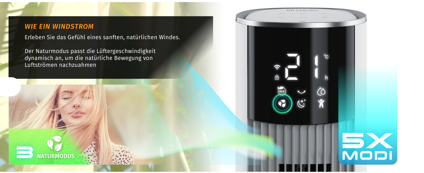 Вентилятор вежний з Wi-Fi та охолодженням Brandson ECO GREEN – розумне охолодження для дому, тихий, з керуванням Alexa, мобільний кондиціонер