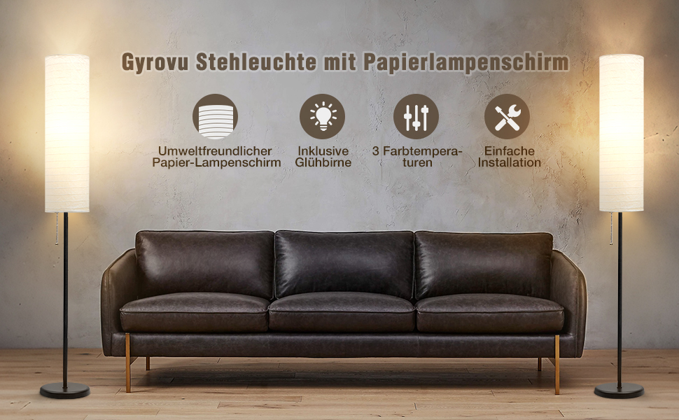 Стійка лампа GyroVu для вітальні, 65 дюймів, висока лампа для спальні з паперовим абажуром, 3 колірні температури, чорно-білий колір (лампочка в комплекті)