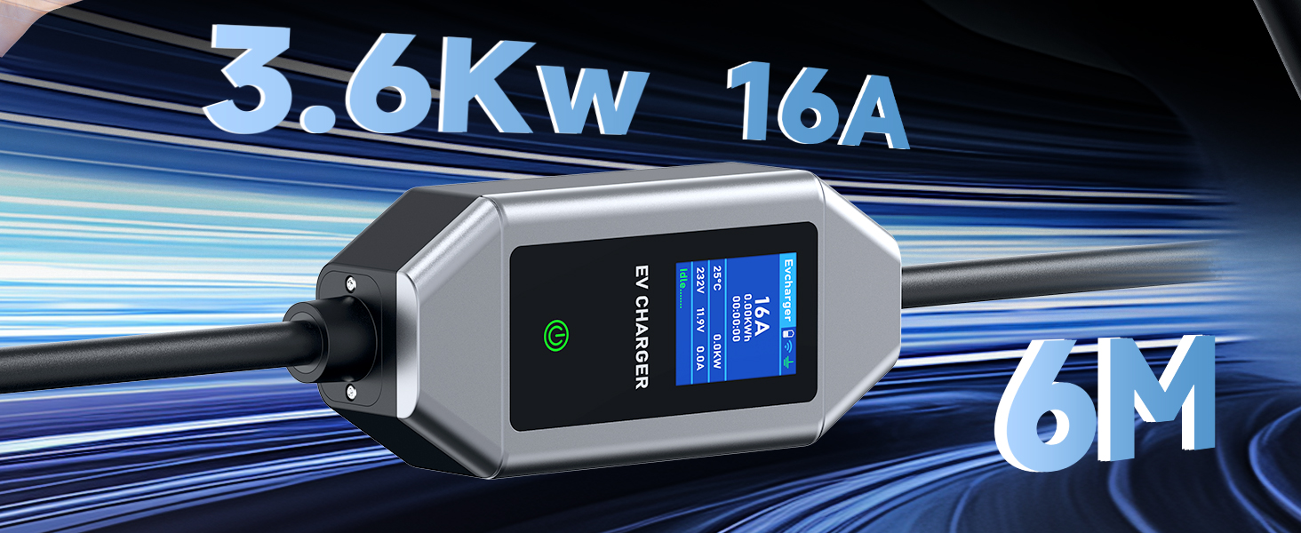Кабель для зарядки електромобіля Type 2 Schuko 3.6 кВт 6м, з цифровим дисплеєм та таймером, 6-16A, однофазний KS9-3.6kW