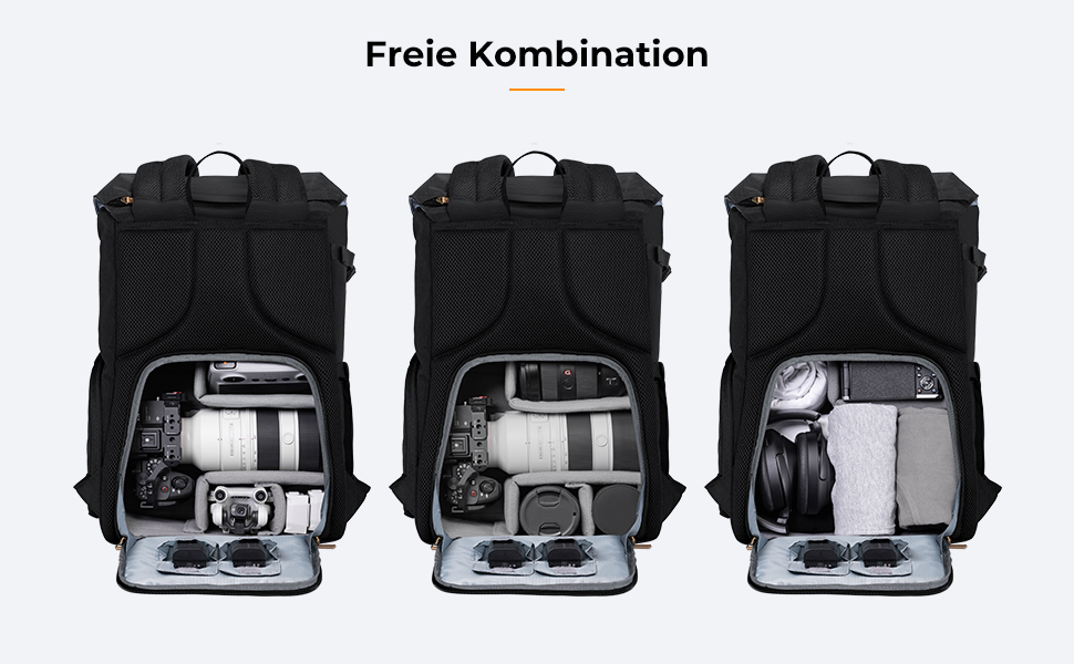 Рюкзак для камери K&F Concept Rolltop 20L: водонепроникний, для Canon, Nikon, Sony, Fujifilm, Olympus, з відділенням для ноутбука 15.6 дюймів (сірий/зелений, чорний)