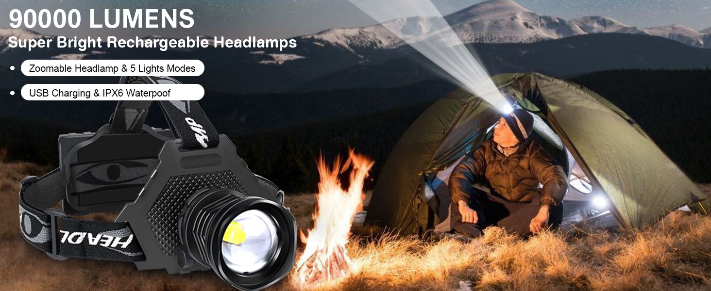 Ліхтар налобний LED XHP70, 90000 люмен, USB акумулятор, 5 режимів, зум, водонепроникний, для кемпінгу, полювання, риболовлі, велосипеда, чорний