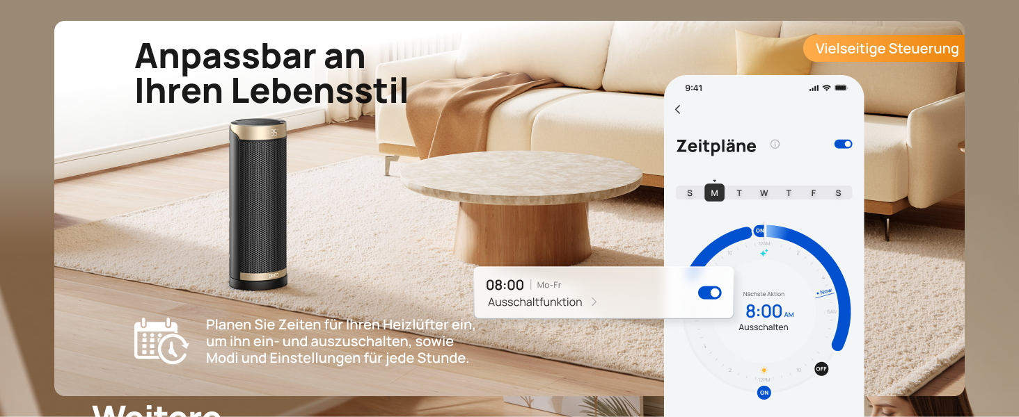 Електричний обігрівач Dreo 2000W з термостатом та Wi-Fi, 16 дюймів, 3 режими, 3 швидкості, 12h таймер, для спальні, золотий