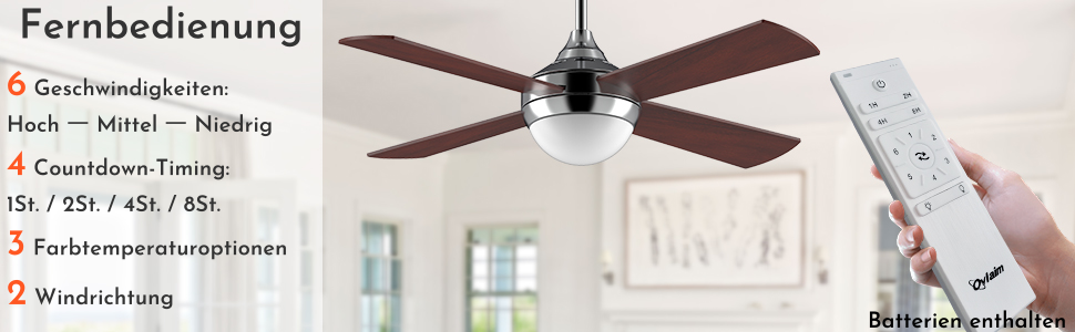 Стеляний вентилятор Ovlaim 122 см з регульованою LED-підсвіткою та пультом керування, коричневий, 6 швидкостей, DC мотор, тихий, для спальні/тераси