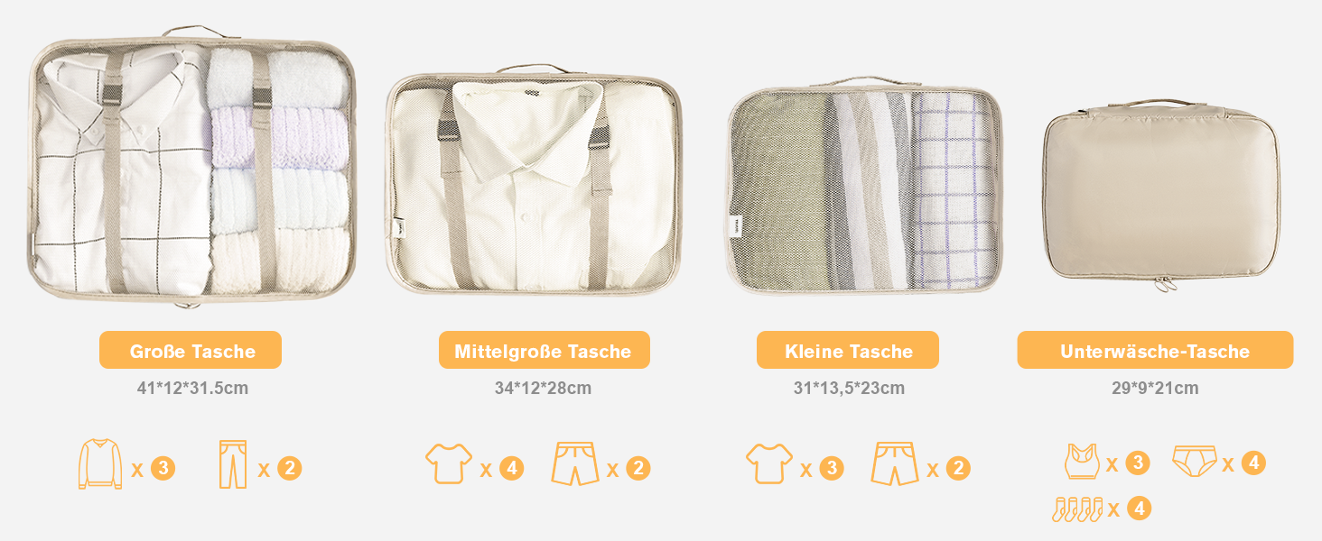 Органайзер для валізи BillyBath, Набір для подорожей (8 шт., сірий): Косметичка, кубики для пакування, сумки для взуття