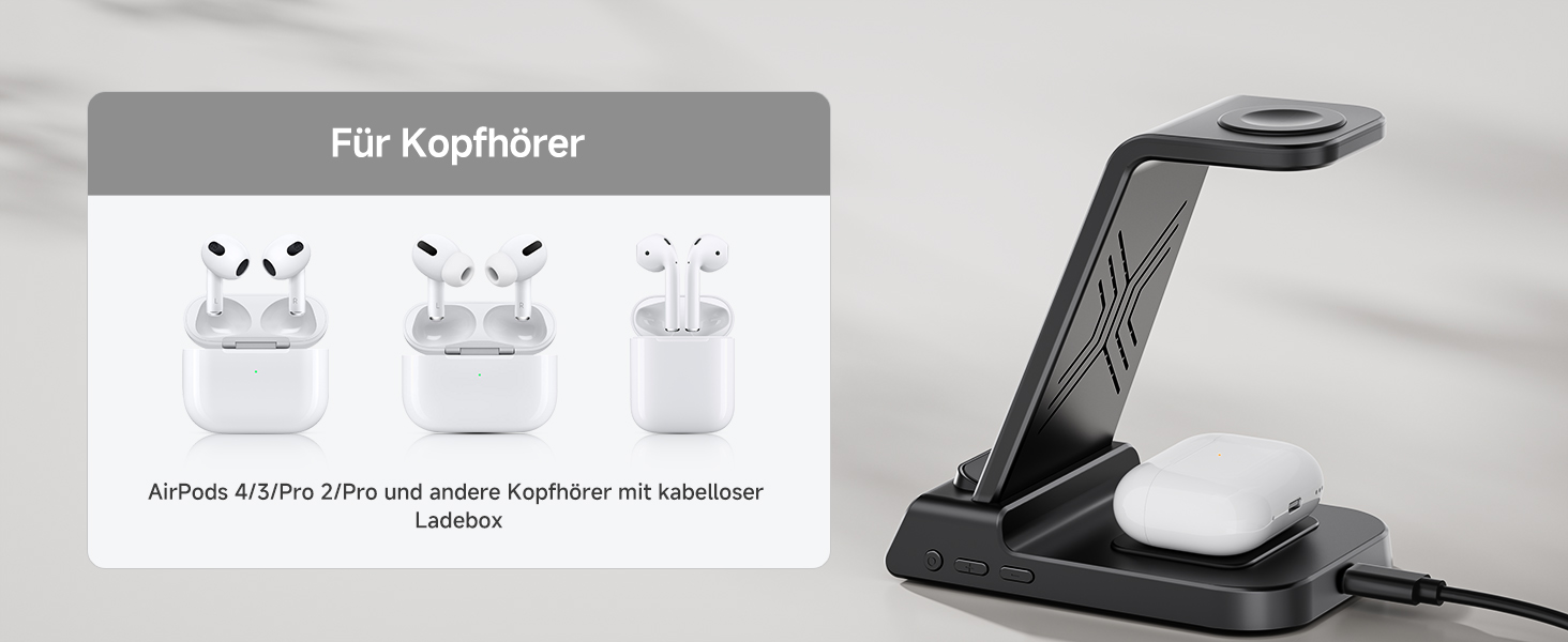 Бездротова зарядна станція 3-в-1 для Apple iPhone 16/15/14/13/12 Pro/Plus, Apple Watch Ultra 2/9/8/7/6/5, AirPods Pro/4/3/2 – Чорна