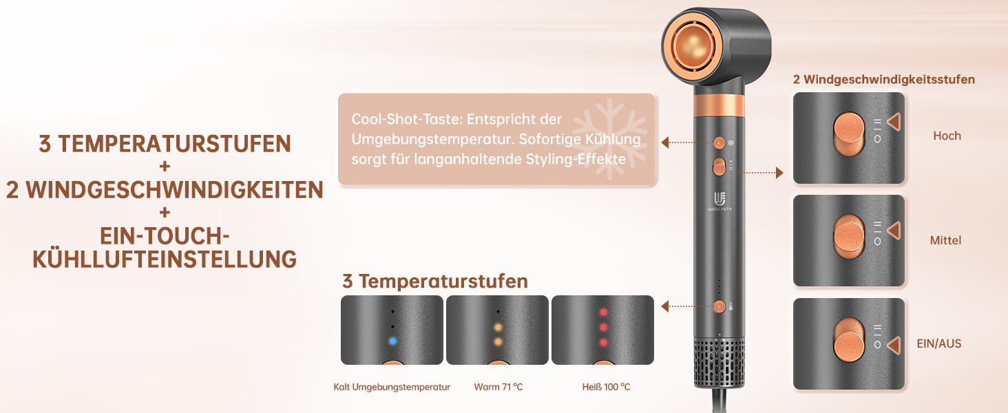 Webeauty Airstyler 7-в-1: фен-щітка, плойка, випрямляч, 110000 об/хв, 25 м/с, 500 млн негативних іонів, сірий золотий