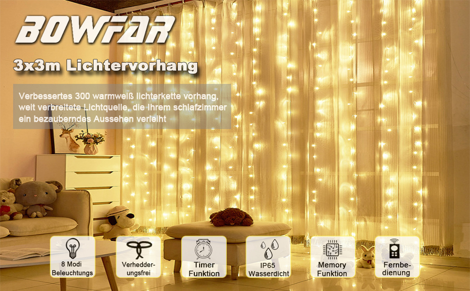 Лампочки-завіса 3x3м, 300 LED, USB, 8 режимів, пульт, IP65, тепле світло, для декору, свята, вечірки