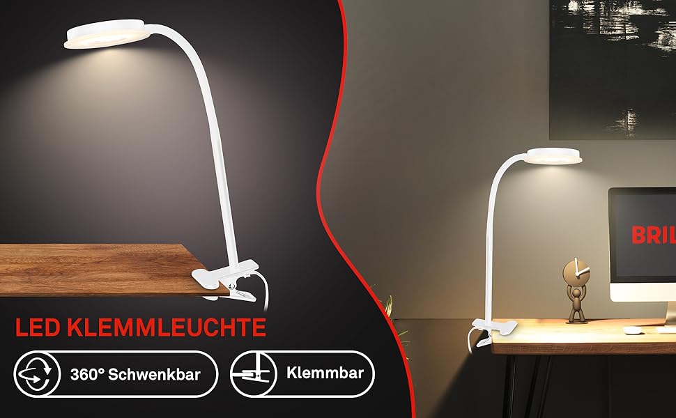 LED лампа BRILONER з торшетом, регульована яскравість, поворотна, для дому, офісу, читання, 32,5x13x40 см, (кріпиться за допомогою затискача, білий)