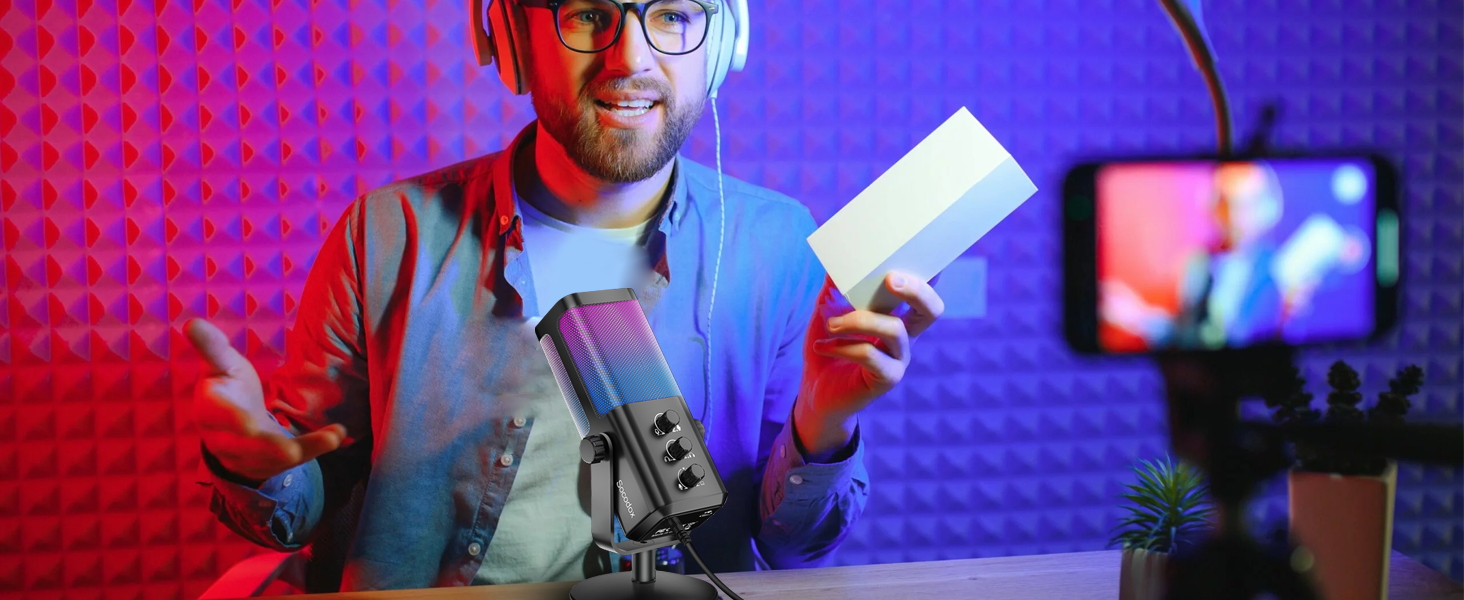 Мікрофон USB для ігор та стрімінгу з RGB підсвічуванням та шумозаглушенням. Підходить для ПК, PS4, PS5, Mac, запису подкастів та ASMR.