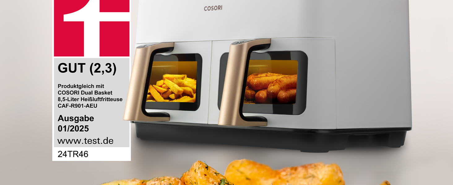 Фритюрниця без олії COSORI з 2 камерами, 8.5 л, 6-в-1, з вікном, чорно-біла