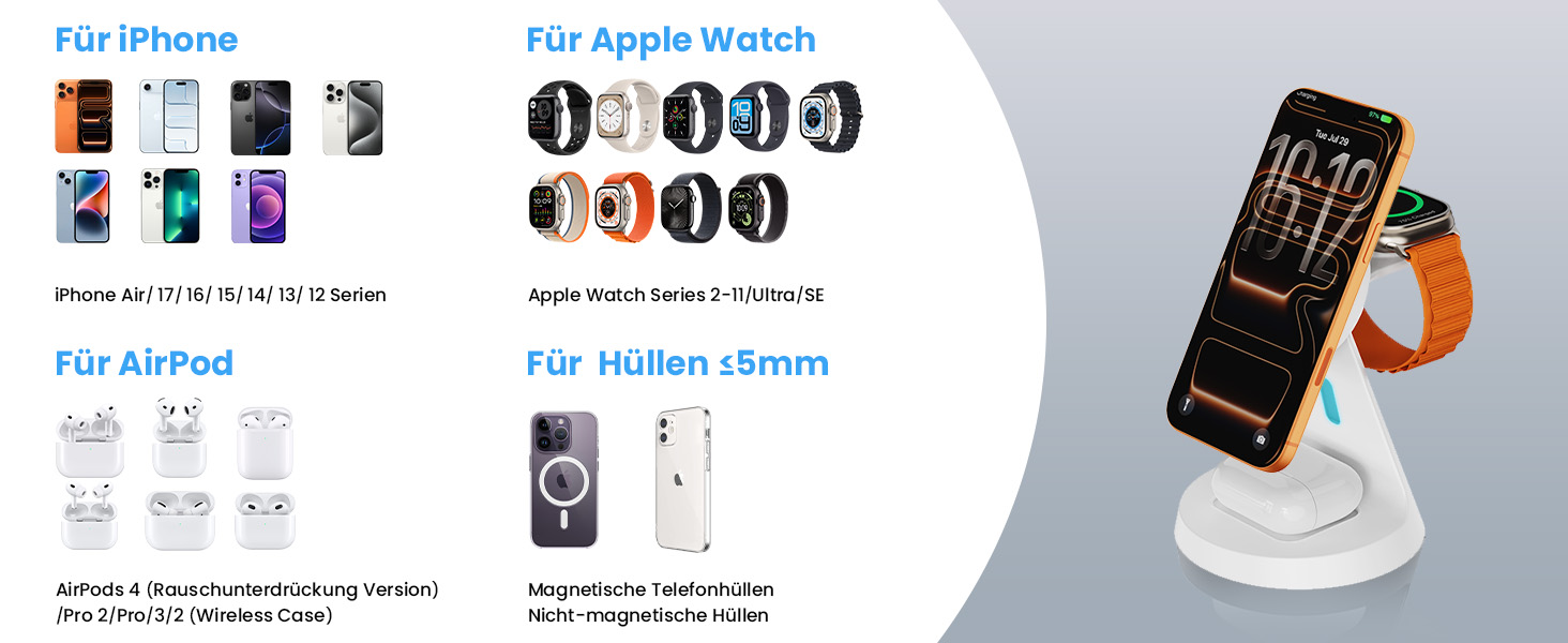 Зарядна станція JoyGeek 3-в-1 для Apple Watch, iPhone (MagSafe), AirPods (біла) - Бездротова зарядка для iPhone 12-15, iWatch 11-2/Ultra/SE, Airpods 2-4