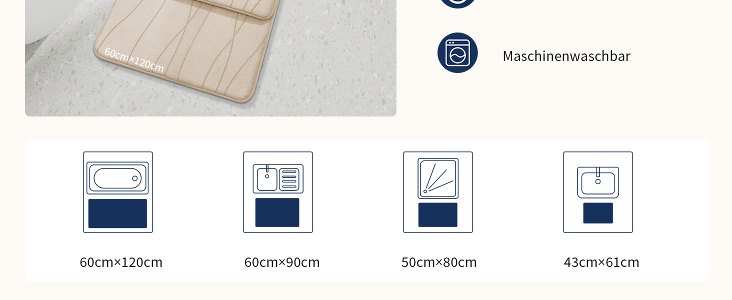 Килимок для ванної кімнати chakme з ефектом пам'яті (Memory Foam), протиковзкий та вологопоглинаючий, бежевий, 60x150 см