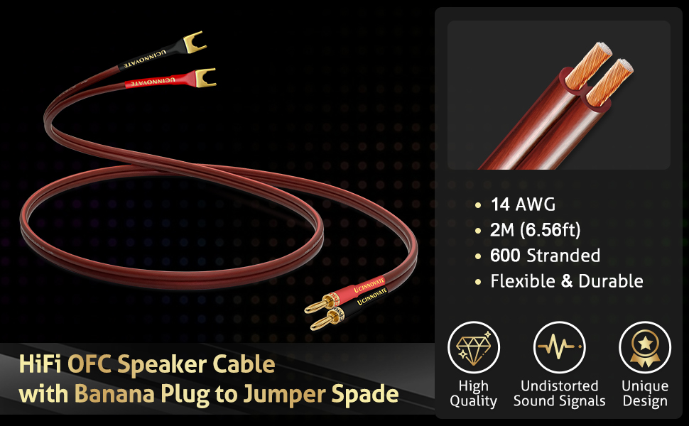 Акустичний кабель UCINNOVATE HiFi OFC (2 шт. по 3м), 14AWG з позолоченими роз'ємами Банан-Лопатка (Y-штекер) для підсилювача та колонок