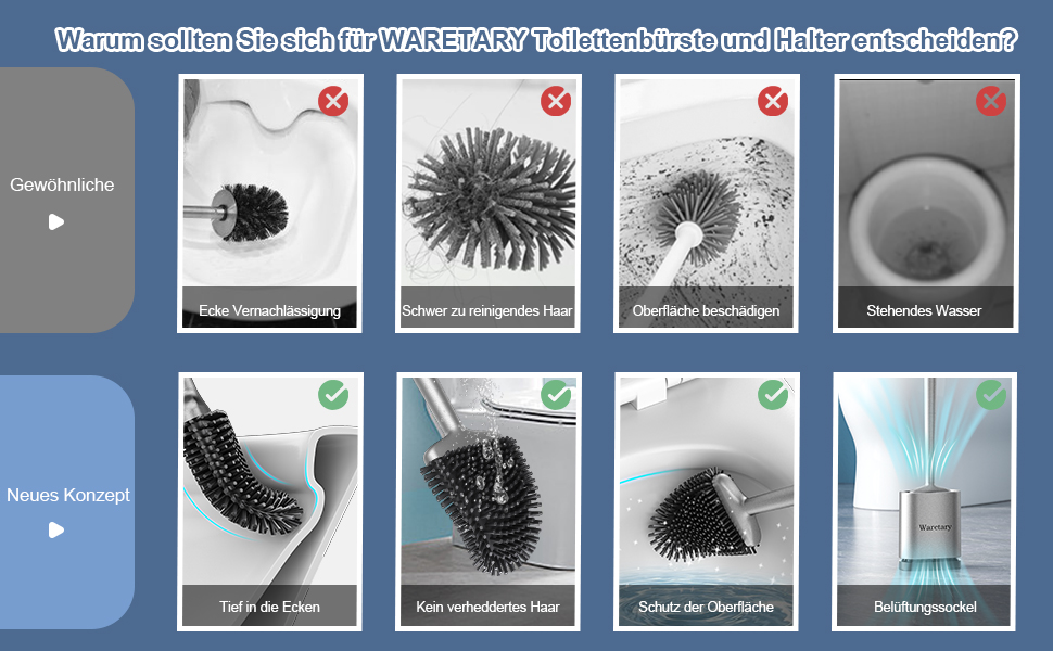 Щітка для унітазу з силікону Waretary з тримачем, нержавіюча сталь, гнучкий наконечник, швидке висихання, для ванної кімнати (срібляста)