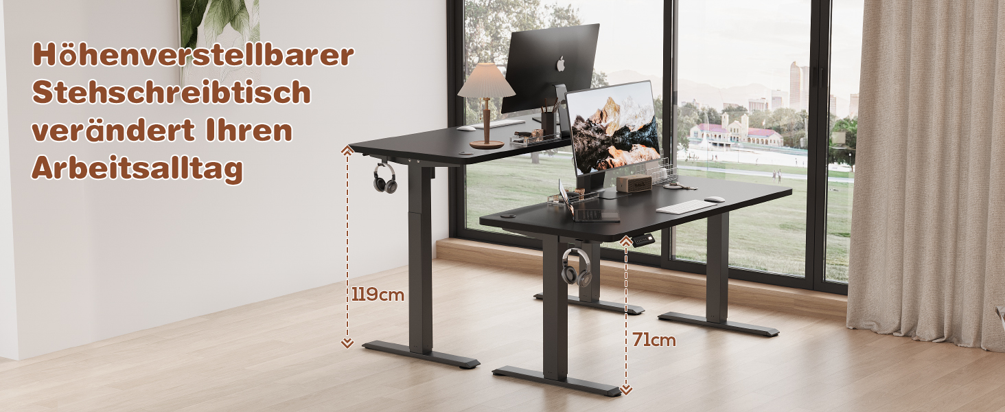Devoko Adjustable Height Desk - Electric Standing Desk with Memory Function, 73-118cm Height, Collision Detection, Black, 140x60cm