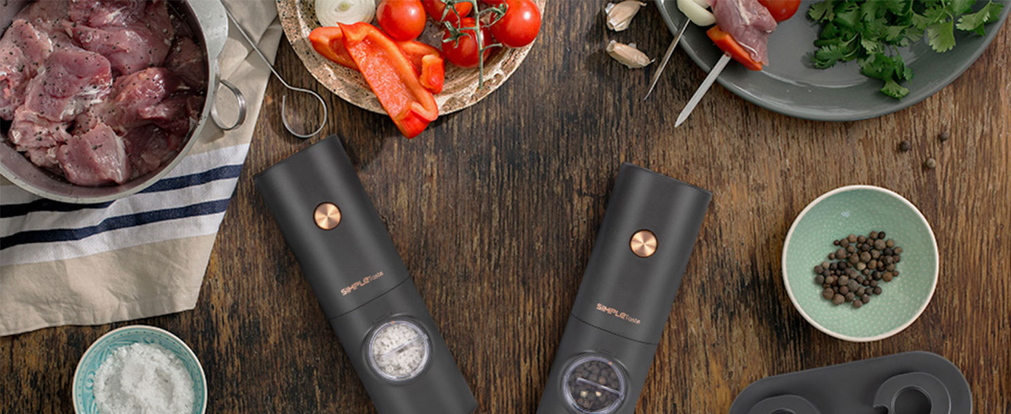 Електричні мельниці для спецій SIMPLETASTE 2 шт. з регульованим керамічним жорном, ABS-пластик, живлення від батарейок AAA