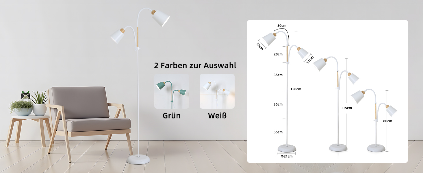 Світлодійна торшер ANTENLICHT YOYO з лампою для читання | E27, 60W | 360° регулювання | Вінтажний металевий торшер для вітальні | 159 см, зелений, без лампочки