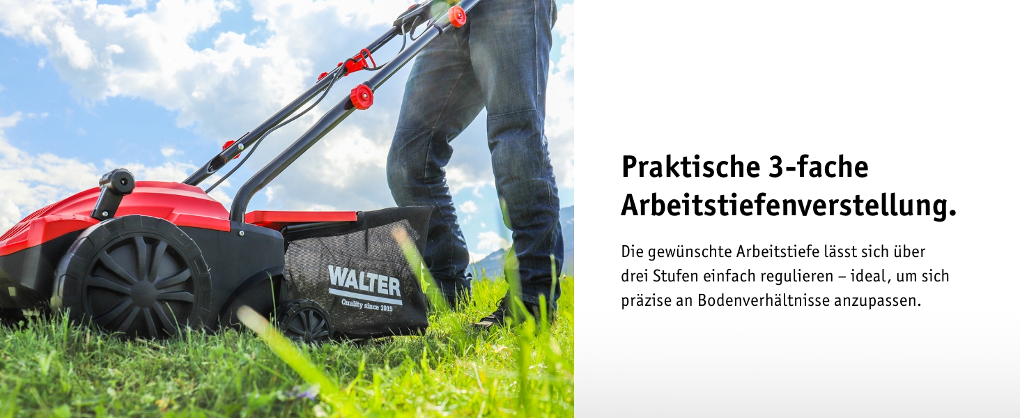 Електричний вертикутер і аератор для газону WALTER 2-в-1, 1500 Вт, ширина 32 см, 4 рівні висоти, великий травозбірник, для газонів до 400 м², з монтажним комплектом