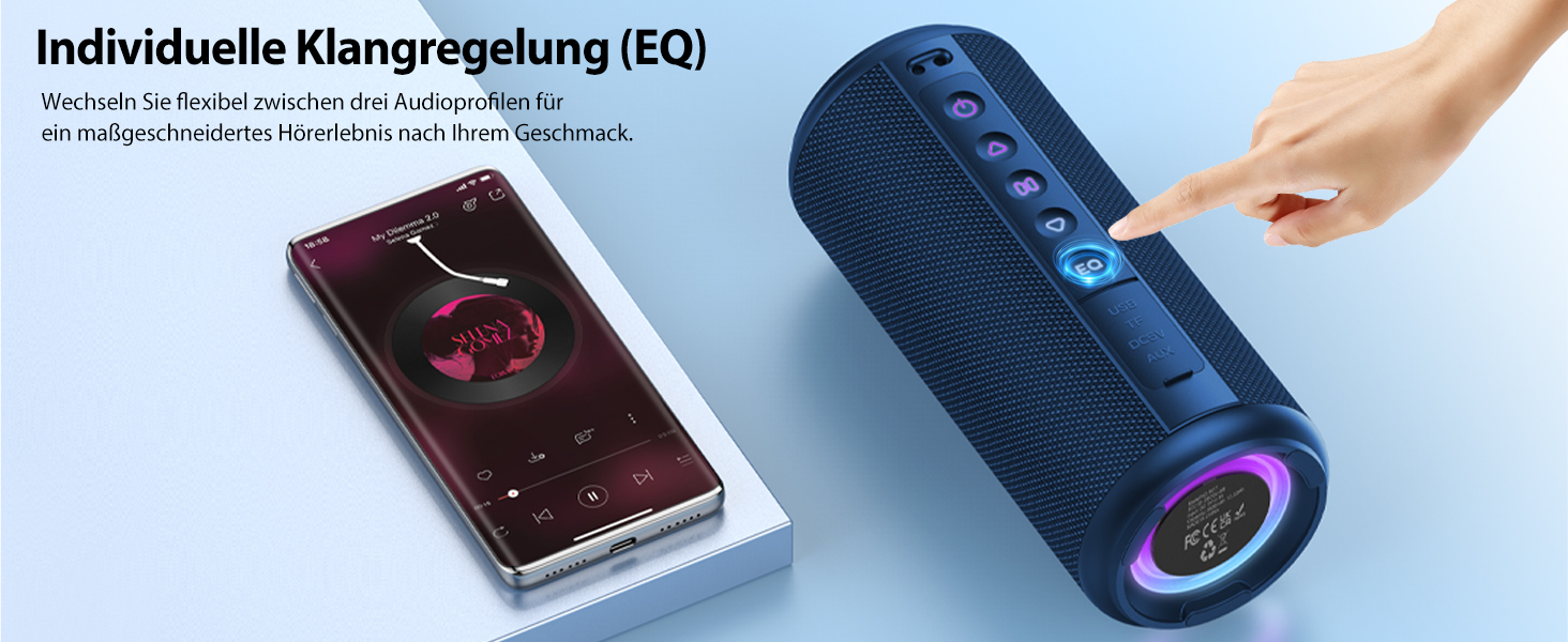 Bluetooth колонка 2026 з RGB підсвіткою, портативна, водонепроникна IP7, 20 годин роботи, з мікрофоном, для спорту, саду, вулиці - блакитна