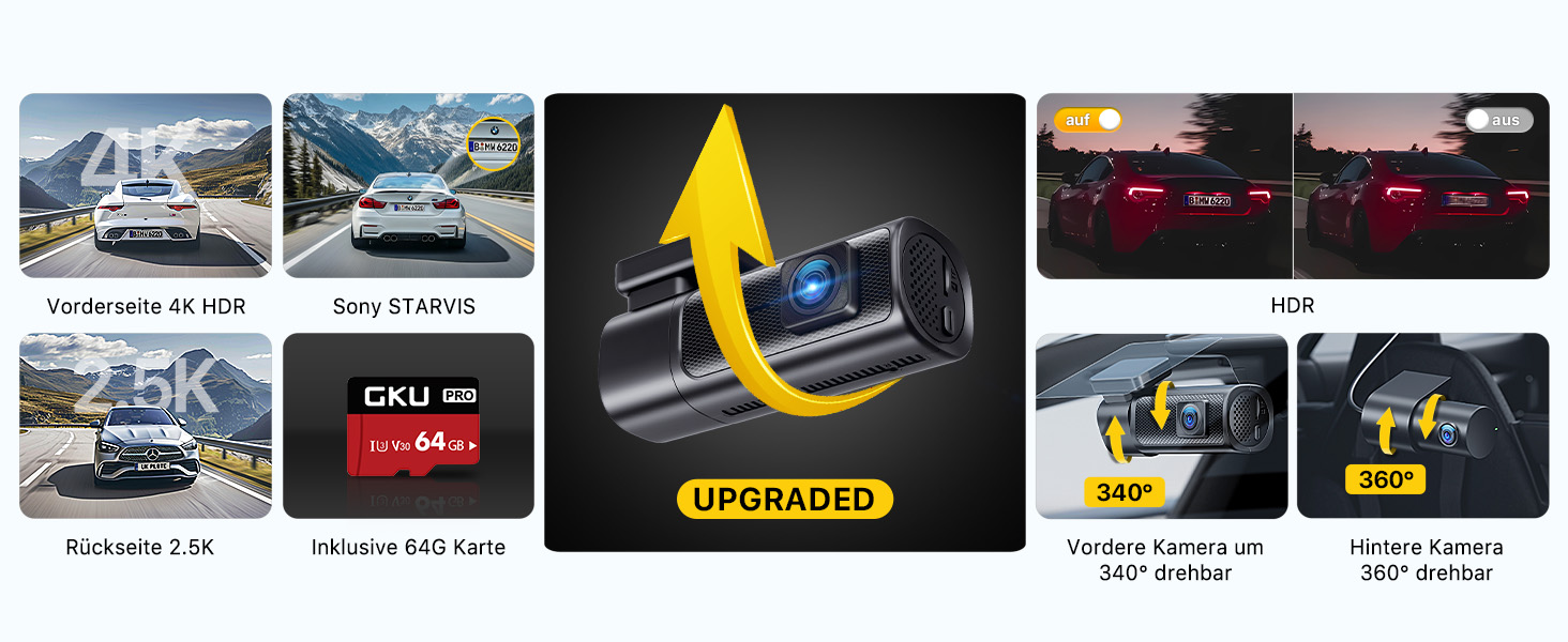 Відеореєстратор GKU 4K+2.5K з Wi-Fi 5GHz, GPS, Нічне Бачення STARVIS, IPS-дисплеєм 1.5', 24h парковка, 360° обертання, 64GB SD-карта, чорний