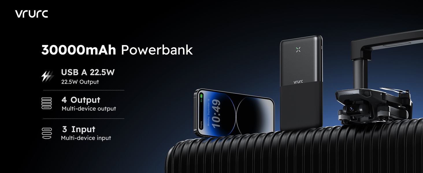 Power Bank VRURC 30000mAh 22.5W з 4 виходами та 3 входами: зарядний пристрій для iPhone, Huawei, планшетів (чорний)