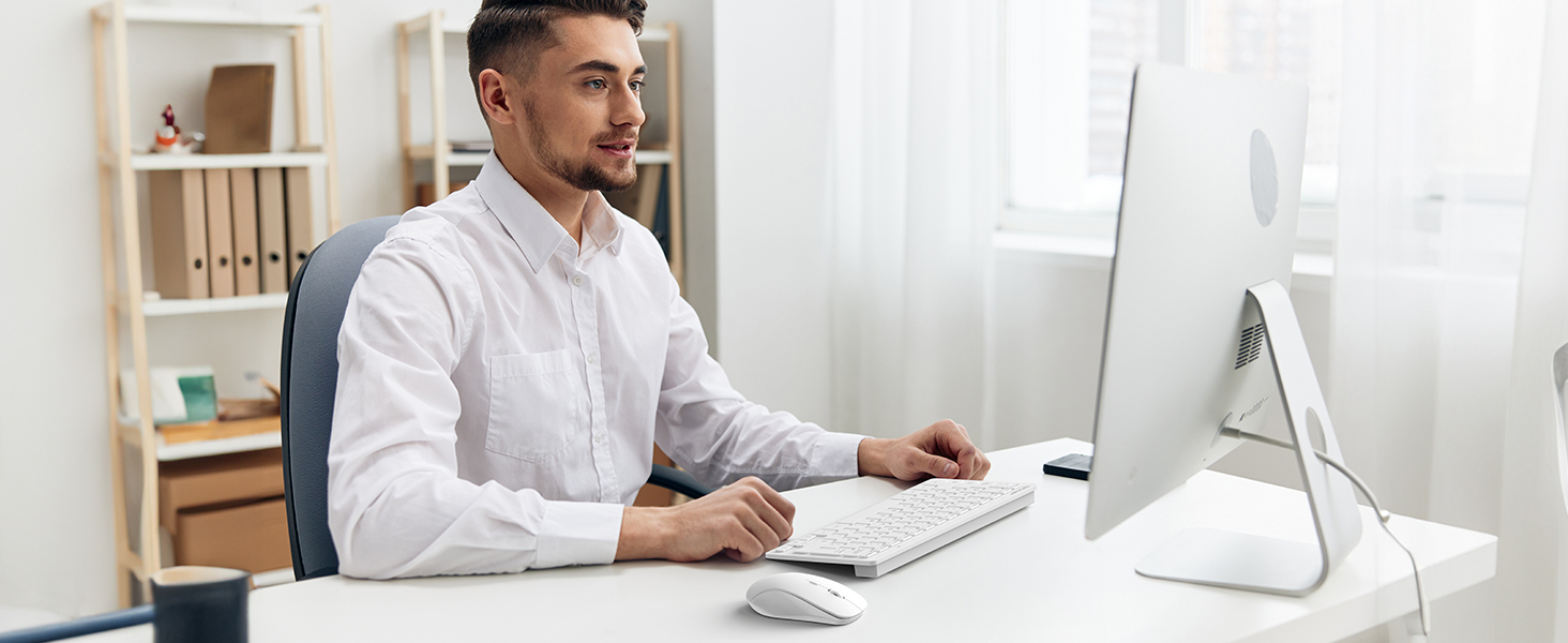 TECKNET Бездротовий комплект клавіатури та миші, QWERTZ, 2.4 GHz, 15м, тиха клавіатура та миша для ПК, ноутбука, Smart TV, білий