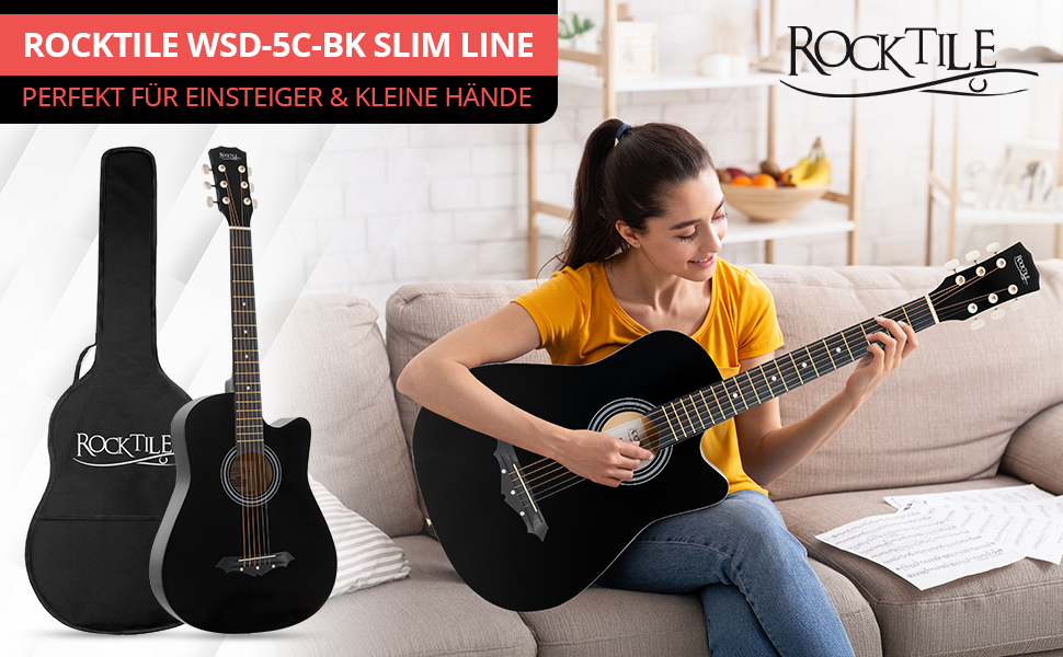 Rocktile WSD-5C-BK: Акустична гітара Western Slim Line - Комплект з чохлом, струнами, ременем та медіатором (Чорний)