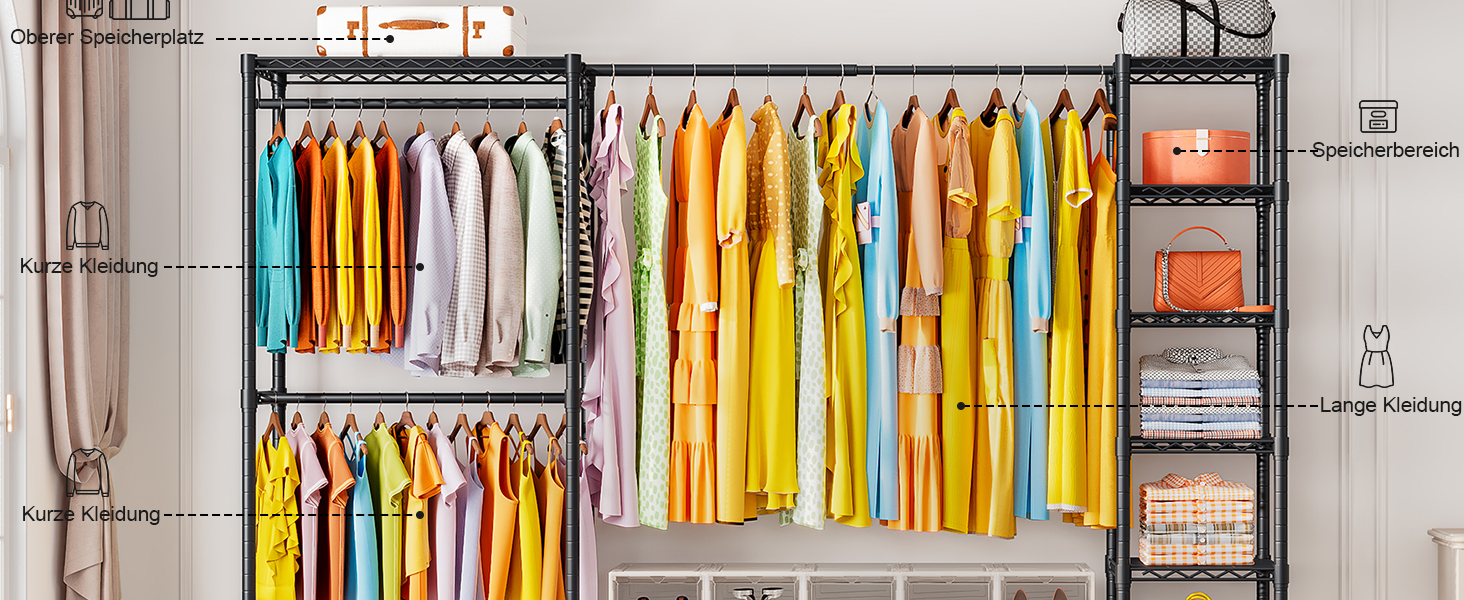 Розширюваний вішак для одягу, металевий гардеробний стійка з регульованими полицями, важкий, чорний