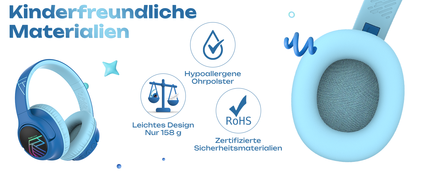 Дитячі навушники PowerLocus Bobo Bluetooth з обмеженням гучності, LED-підсвічуванням, складні, з мікрофоном для телефону/планшета/подорожей (блакитний/чорний)