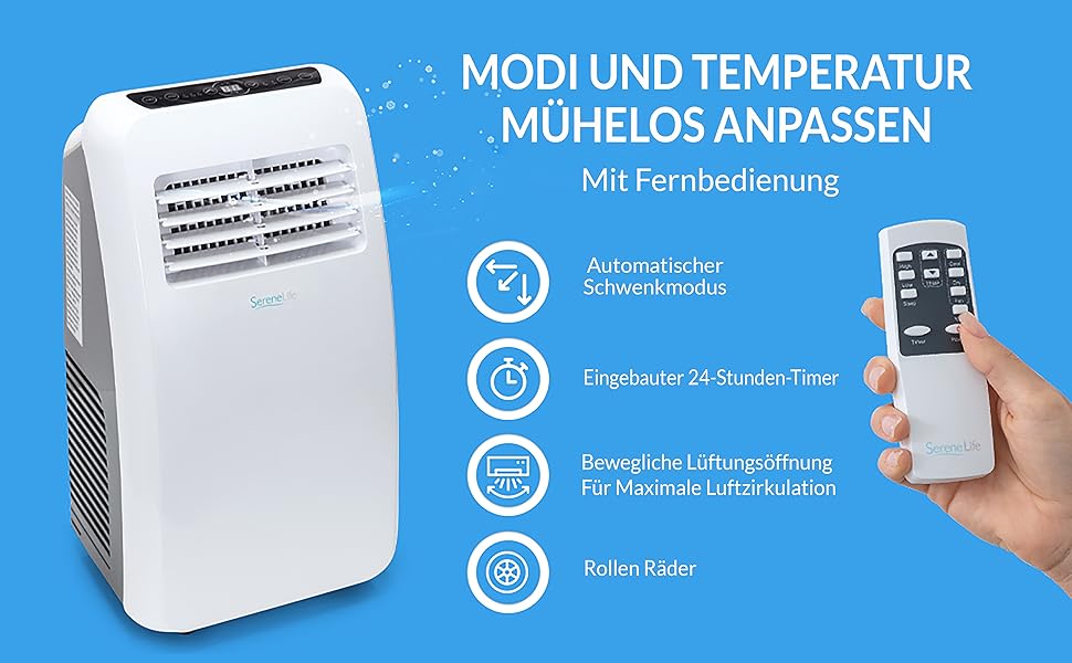 Мобільний кондиціонер SereneLife 9000 BTU з виносним шлангом – 3 в 1: кондиціонер, вентилятор, осушувач повітря. Підходить для приміщень до 42 м², білий.