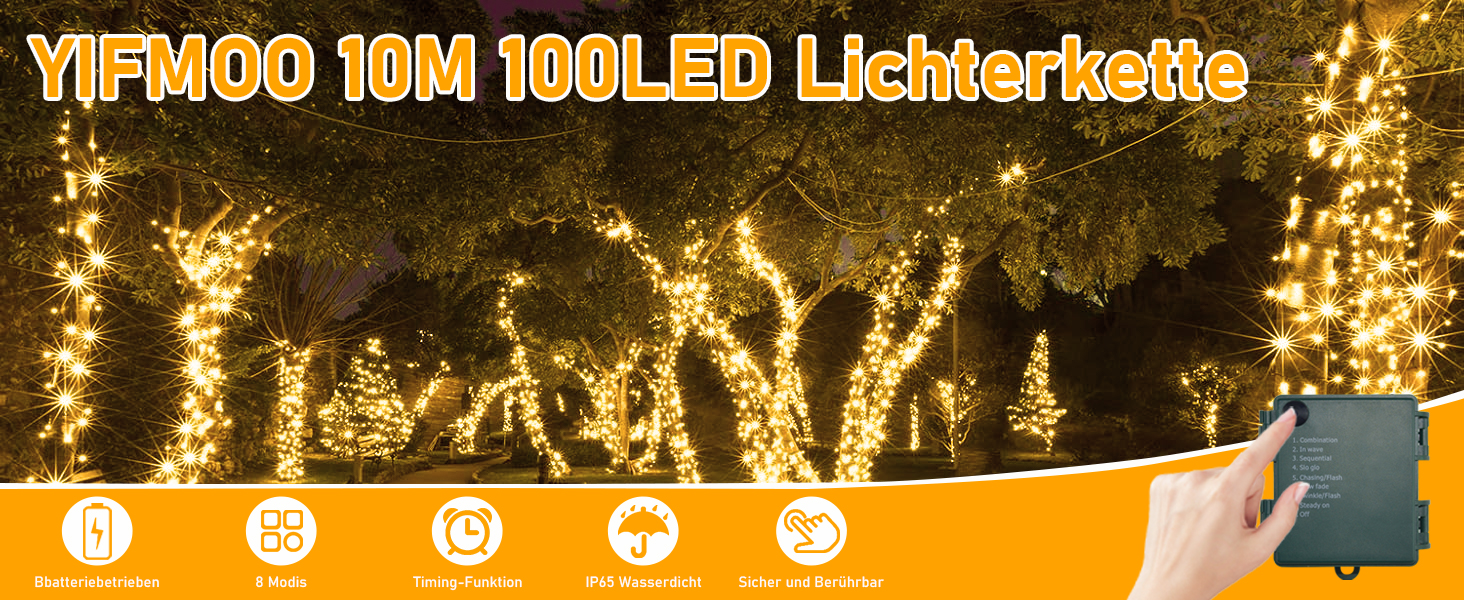 Ланцюжок прикрас (гірлянда) на батарейках, 30м, 300 LED, для внутрішнього та зовнішнього використання, з таймером, 8 режимів, водонепроникна, тепле біле світло, зелений кабель, для декору на Різдво, в сад, на вечірку