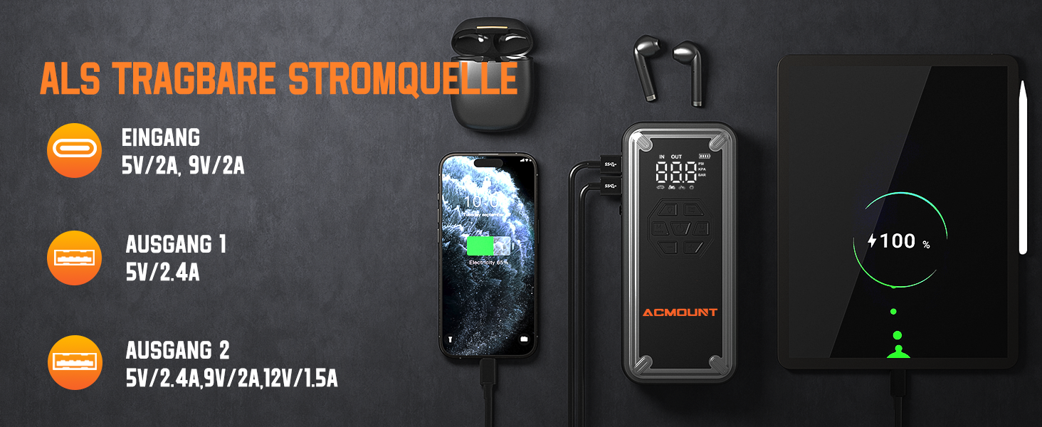 Powerbank для авто Acmount Starthilfe з компресором, 7000A, 150PSI, LCD, LED, до 9L бензину/8L дизеля