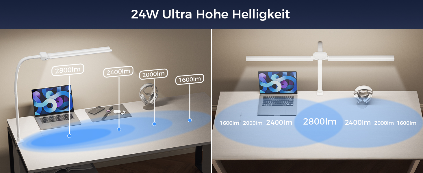 Світлодіодна настільна лампа з димером LED 24W, 1400LM, подвійний гнучкий винос, пульт, USB зарядка, білий колір T01