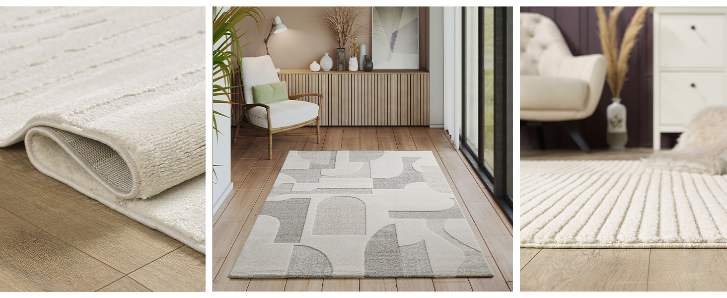 Килим Everest - сучасний коротковорсовий килим для вітальні та спальні з ефектом висоти-глибини, 3D ефект, висока щільність ворсу та приємна м'якість, дизайн Panglao, кремовий, 80 x 150 см