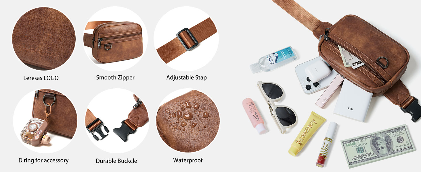 Жіноча та чоловіча поясна сумка, 2 л, веганська шкіра, коричнева, 8 дюймів, для подорожей, хайкінгу, бігу