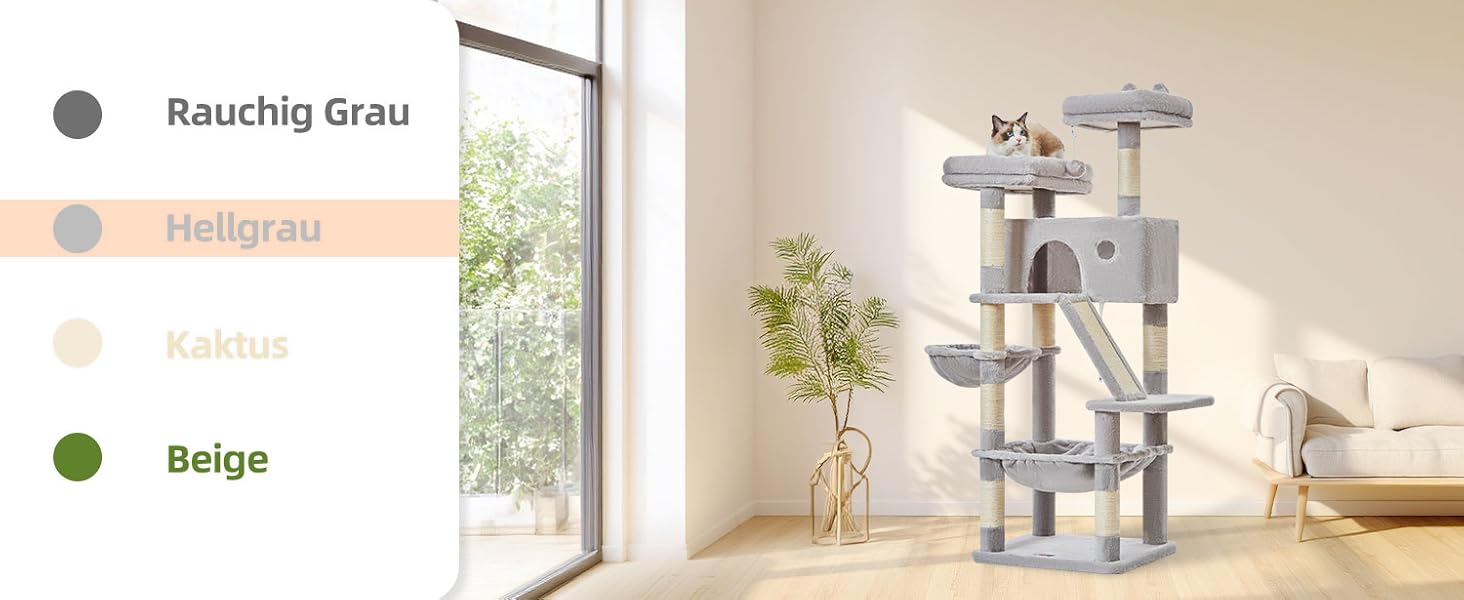 Кігтеточка для котів Taoqimiao MS026W 146 см - велика, стабільна, з 2 будиночками, гамаком, корзиною та 8 кігтеточками (світло-сірий)