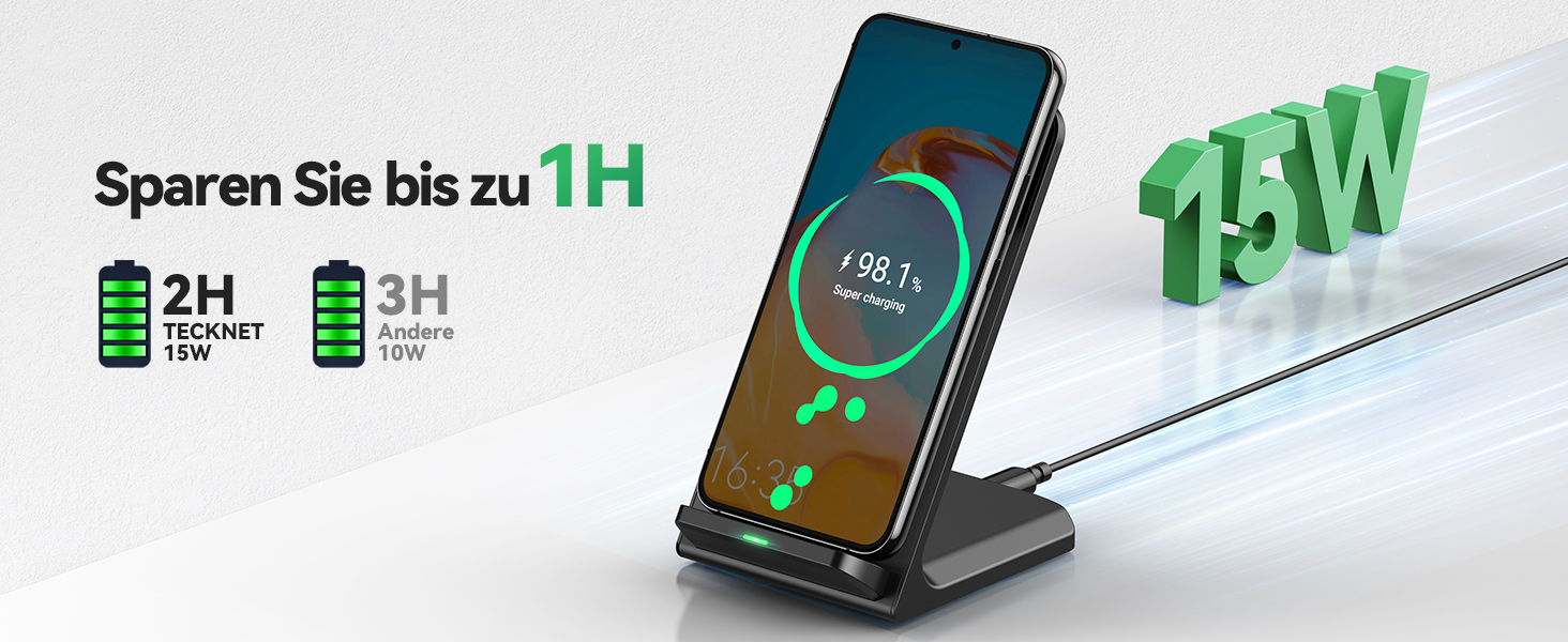 Бездротова зарядка TECKNET 15W, 2 в 1, підставка для iPhone 17/16/15/14/13/12 Pro Max, Samsung Galaxy, Google, LG, Xiaomi, Huawei - Чорна
