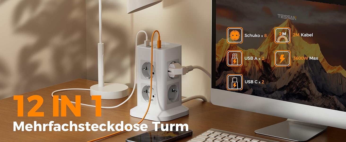 Розподільник розеток TESSAN з 8 розеток, 2 USB-C, захистом від перенапруги, 4 USB, вимикачем та кабелем 2м (сірий/білий)