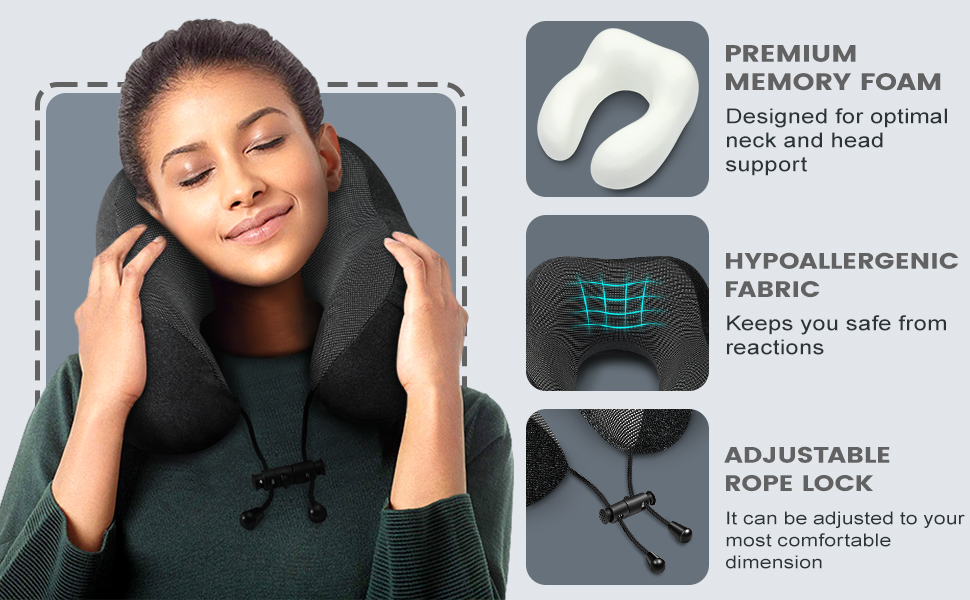 Подушка для шиї у літак - 100% Memory Foam - Зручна подушка для подорожей - з 3D-маскою для сну та навушниками - Ідеально для літака, авто, дому, офісу, чорна