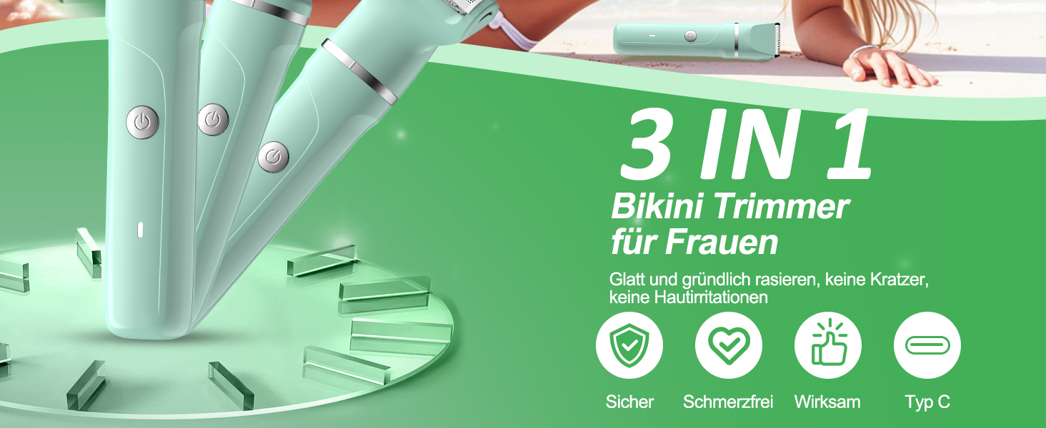 Електричний жіночий триммер 3-в-1 для тіла та обличчя, водонепроникний, зелений