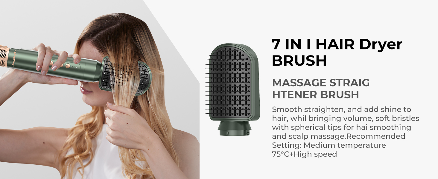 Atopskins Hairstyler: Фен-щітка 7-в-1 для створення зачісок, 110000 RPM, з іонізацією, дифузором, локонами, об'ємом, випрямленням, для волосся, зелений