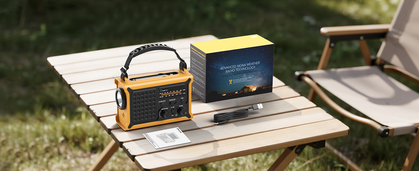 Радіостанція ROCAM на сонячній батареї та з ручним генератором, 12000mAh, AM/FM, LED ліхтарик, USB, SOS, IPX6, для кемпінгу та надзвичайних ситуацій (Жовтий)