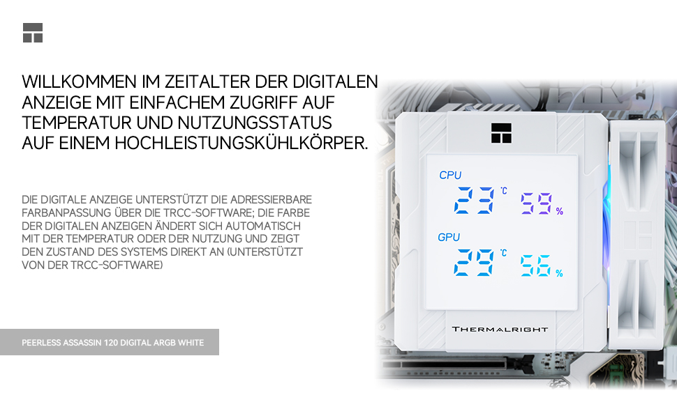 Кулер для процесора Thermalright Peerless Assassin 120 Digital Black, з цифровим дисплеєм, 6 тепловими трубками, ARGB, для AM4/AM5, Intel LGA1700/1851/1200/115x, чорний