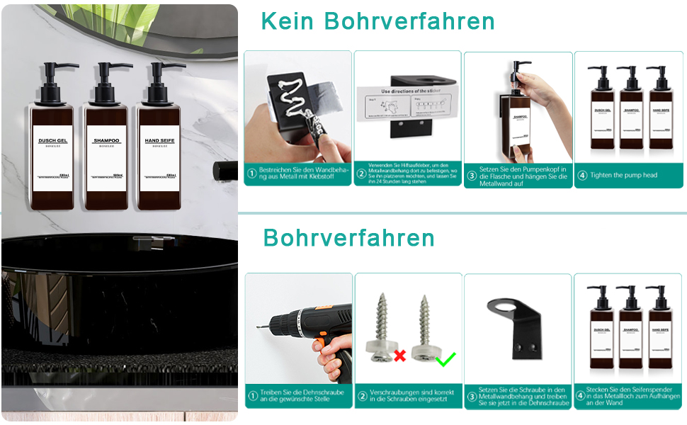 Набір з 3 дозатори мила Roselee для кріплення на стіну, 500 мл, без свердління, для душу, шампуню, гелю для ванни, з етикеткою, для ванної кімнати, кухні (Колір: Коричневий)
