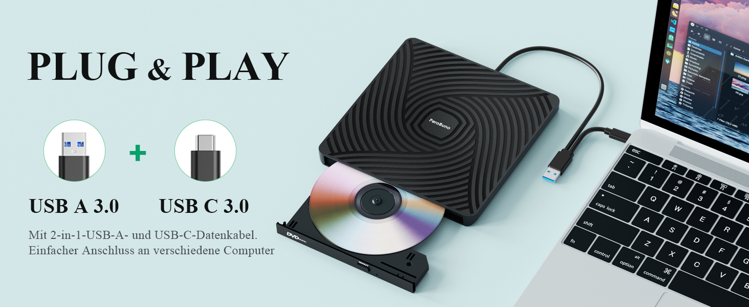 Зовнішній DVD-накопичувач PeroBuno USB 3.0 Type-C, CD ROM +/-RW оптичний привід, ультратонкий DVD-записувач та плеєр для ноутбука, PC, MacBook (Windows, Linux, macOS)