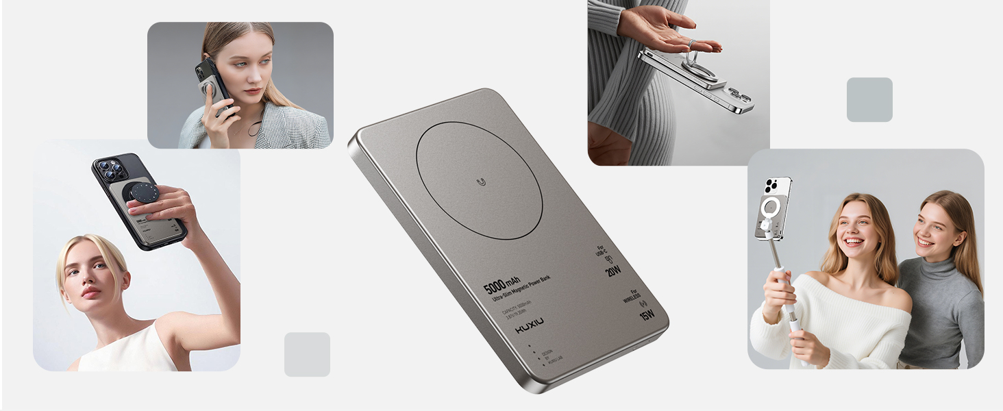 Power Bank KU XIU Magsafe 5000mAh: Тонкий, з підтримкою MagSafe, з кільцем для кріплення, PD 20W, для iPhone 17/16/15/14/13/12 (Титан)